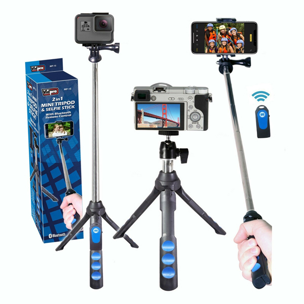 Vidpro MP-15 2-in-1 Mini Tripod and Selfie Stick with Bluetooth remote control